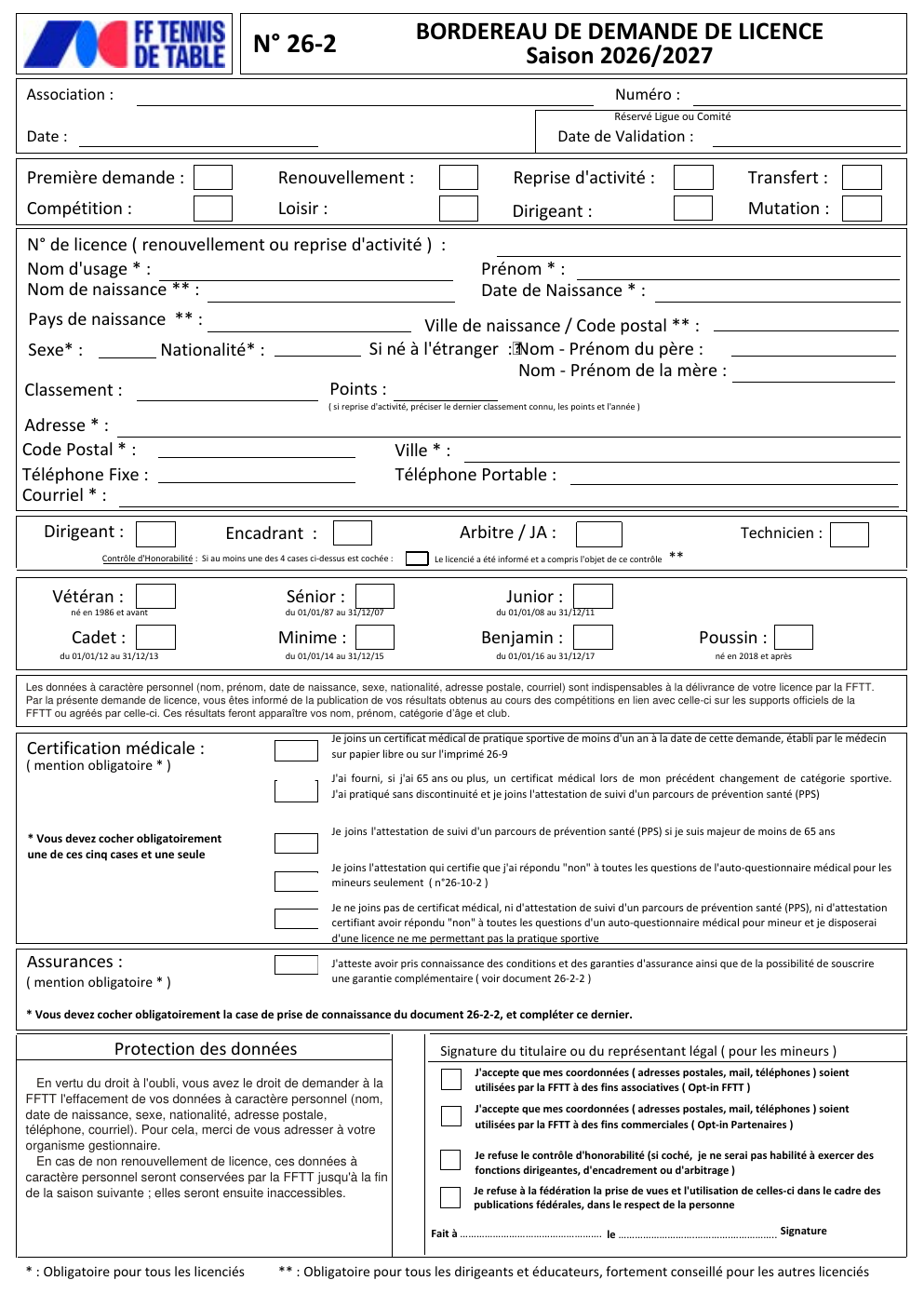 Bordereau officiel FFTT 2026-2027