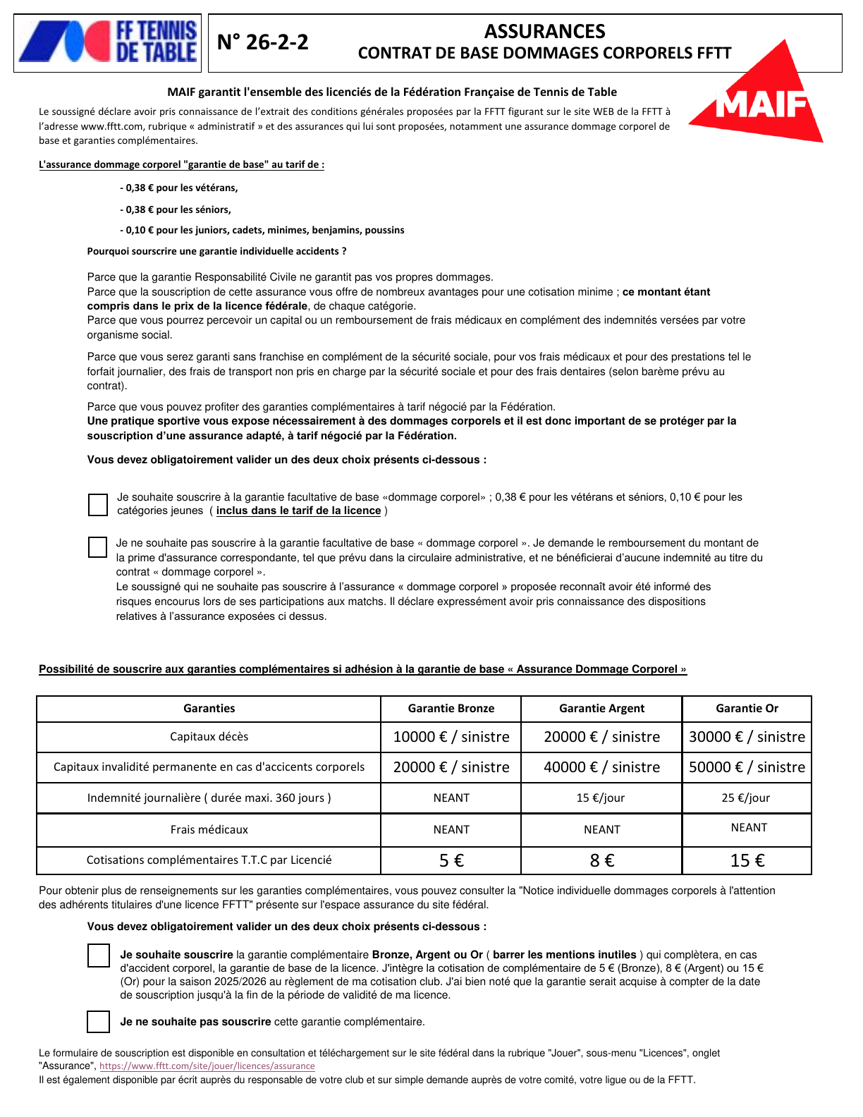 Document officiel FFTT n° 26-2-2 — assurances et garanties