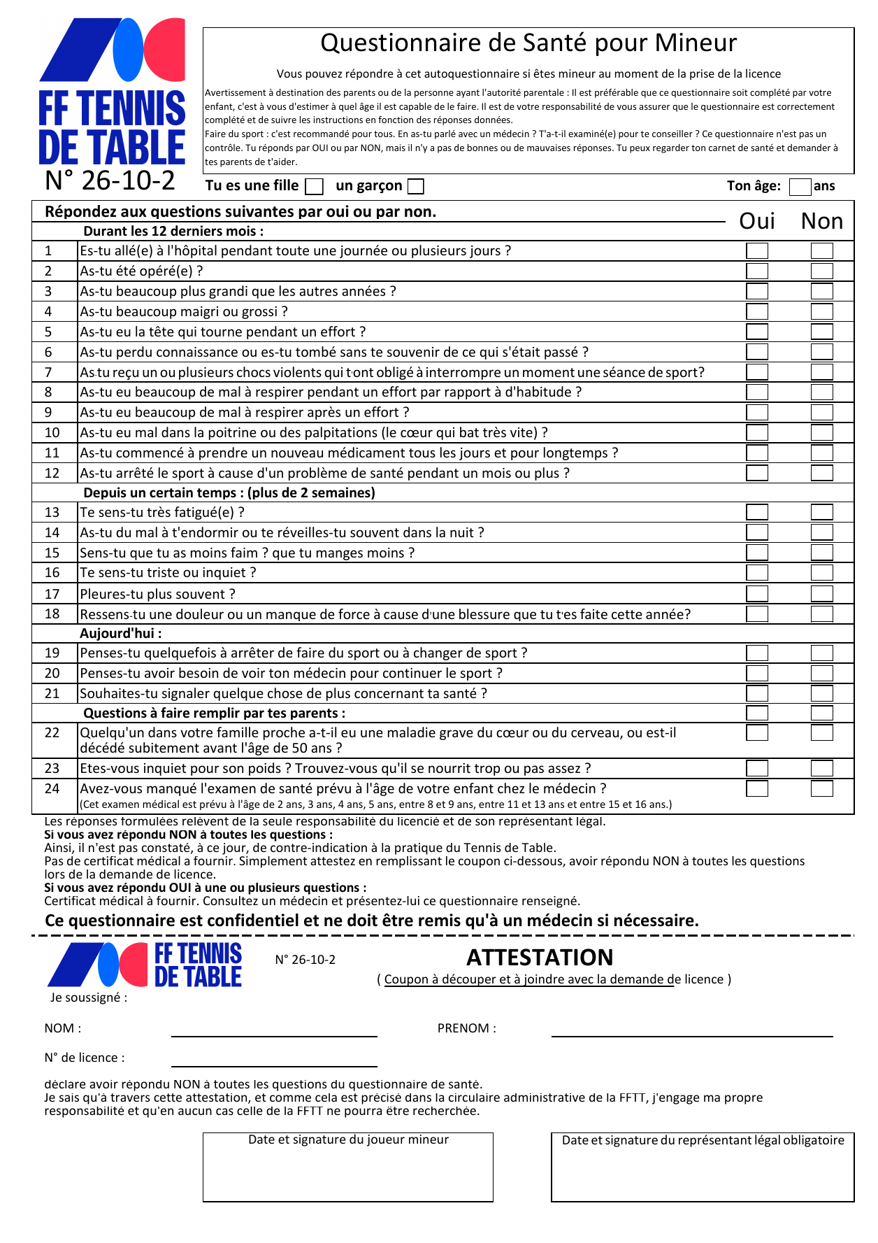 Auto-questionnaire officiel FFTT pour les mineurs